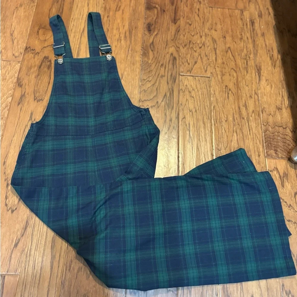 Arizona Jean Co Green Navy Plaid Wide Leg Overall Jumpsuit XS
